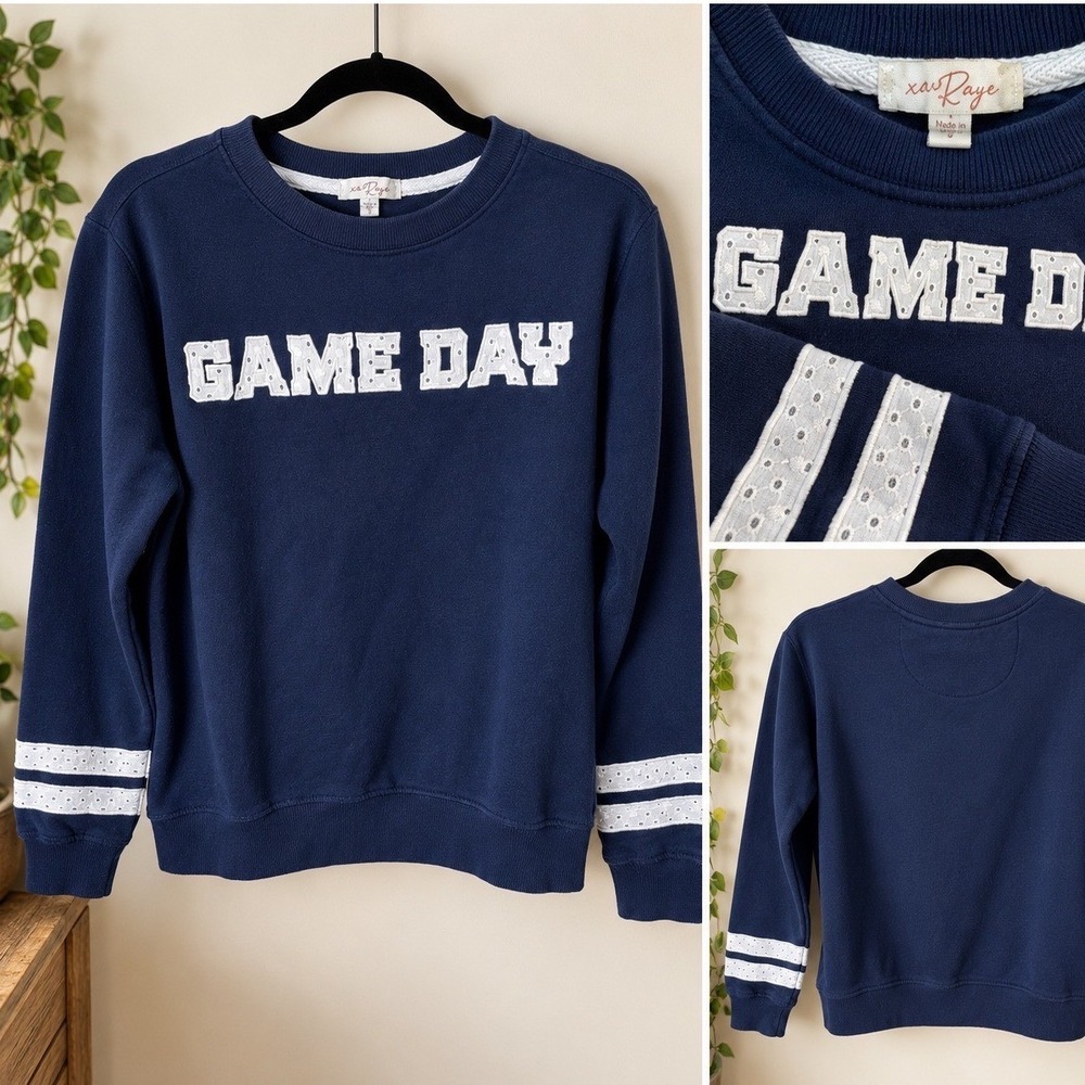xaRaye Game Day Sweatshirt Small Navy Cotton Eyelet Lace Patch Sporty Crewneck